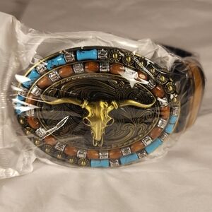 Western Cowboy Belt for Men /Women PU Leather Longhorn Bull Buckle Belts 1.5"NEW